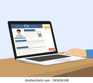 Man is sitting at home desktop and sending his CV via e-mail. Vector illustration of sending human resume for employer on laptop screen