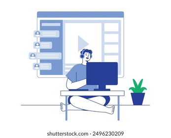 A man sitting at home in front of a computer, watching a video on a website. Character design. Vector flat illustration