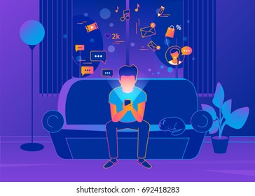 Man Sitting At Home On The Couch And Texting Messages Using Smartphone. Gradient Line Vector Illustration Of Social Networking, Reading News, Sending Email And Texting Friends. Internet Addicted Teens