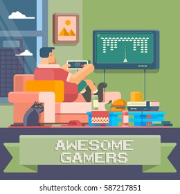 Man sitting at home and playing games.