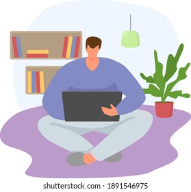 Man sitting home surf internet with gadget tablet, online modern life, remote freelander work flat vector illustration, isolated on white. Comfortable workplace, male interactive entertainment.