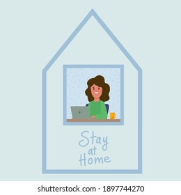 The man Is sitting at home. The woman in the cabin. The concept of protection against coronavirus. Stay at home protect yourself from the Covid19 virus. Vector illustration