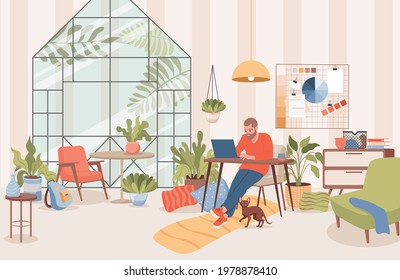 Hombre sentado en casa y a distancia de trabajo con ilustración plana vectorial portátil. Autónomo, concepto de trabajo remoto. Carácter masculino independiente que trabaja en condiciones cómodas. El diseño interior de la sala de estar.