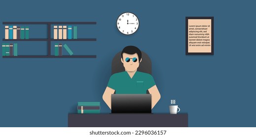 A man sitting  at home working on laptop computer with cup of hot coffee, paper cut design vector illustration, Business technology  Concept 
