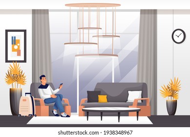 Man sitting at hotel lobby scene. Young guy with phone and suitcase in armchair vector illustration. Hall for guests interior design with sofa, plants, desk, horizontal panorama.