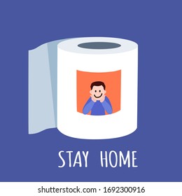 Man sitting in house maded from roll of toilet paper and text "Stay home". Vector illustration for quarantine, self isolation in covid virus pandemic, coronavirus epidemic