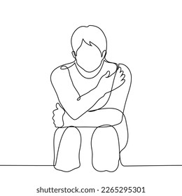 man sitting hugging himself - one line drawing vector. the concept of being cold, being lonely, abandoned