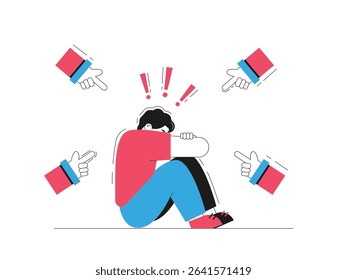 Man is sitting hunched over crying because he was bullied by his friend, stop bullying. Character design. Vector flat illustration