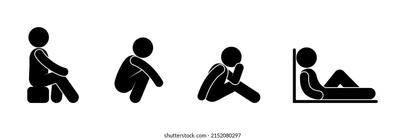 man sitting, illustration tired people resting, stick figure human silhouette, isolated vector icon