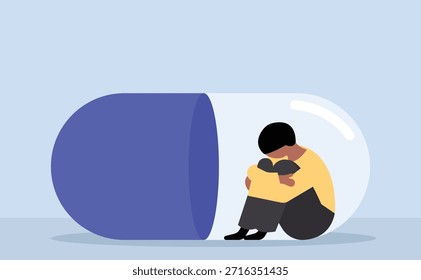 Homem sentado dentro da cápsula deprimido, ilustração de vício em drogas