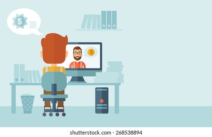 Man sitting inside his office facing backward while the other man is inside the computer, communicate each other discussing about business by using the internet thru skype video. Communication concept