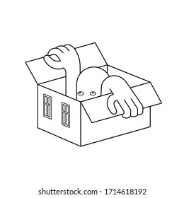 Man sitting inside/crawl out fragile cardboard box house. Illustration of problem of isolation/quarantine. Modern stock vector outline illustration/icon on isolated white background. EPS 10