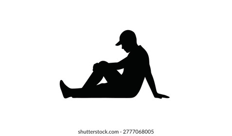 Man sitting with knees bent wearing a cap black silhouette