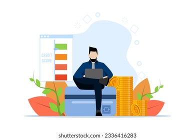 Man sitting with laptop and checking credit score. Concept of spending money, credit report, payment history, cash. Vector illustration in flat design.