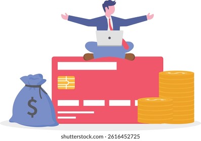 Man sitting with laptop and checking credit score. Concept of spending money, credit report,

