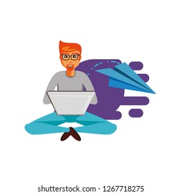 man sitting with laptop computer and airplane paper