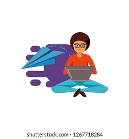 man sitting with laptop computer and airplane paper