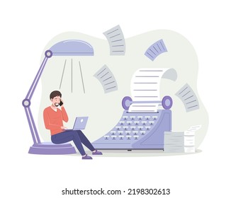 Man sitting with laptop computer next to huge typewriter. Author talking on phone while writing essay, article for blog, web site, newspaper. Copywriter, editor, content manager flat vector