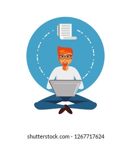 man sitting with laptop computer and paper receipt