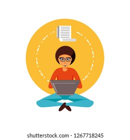 man sitting with laptop computer and paper receipt