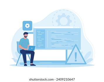hombre sentado con una laptop arreglando un concepto de tendencia de error web ilustración plana