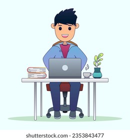 man sitting with laptop flat design illustration premium vector