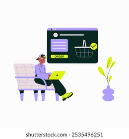 Man Sitting With Laptop In Flat Vector Illustration Symbolizing Online Shopping, E commerce, And Digital Retail, Isolated On White Background
