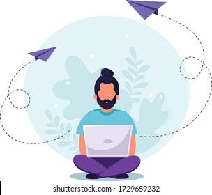 Man sitting with laptop. Freelance, online studying concept. Remote work concept. Vector illustration in a flat style.