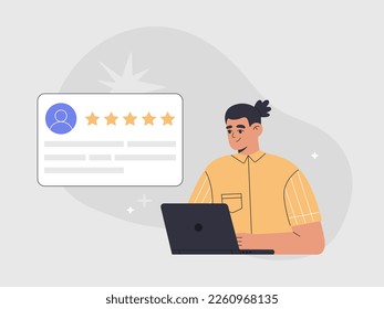 Man sitting with laptop giving feedback review or leaving comments. Customer satisfaction rating, consumer online survey. Hand drawn vector illustration isolated on background, flat cartoon style.