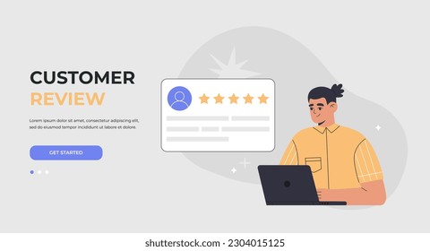 Man sitting with laptop giving feedback review or leaving comments. Customer satisfaction rating, landing page. Hand drawn vector illustration isolated on background, flat cartoon style.