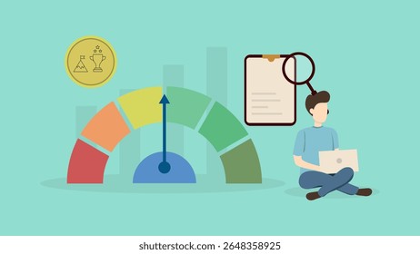 man sitting with laptop with graph chart about key performance indicator or KPI , business and management concept
