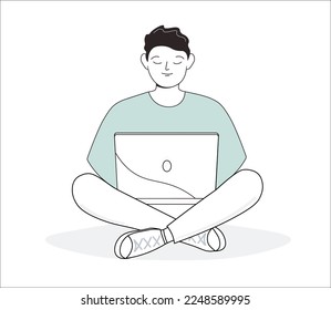 A man is sitting at a laptop with his legs crossed in a lotus position. The guy studies, works as an operator, manager, communicates remotely online. Vector art line graphics.