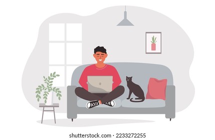 A man is sitting with a laptop at home on sofa, working remotely. A student studies online. Vector graphics.