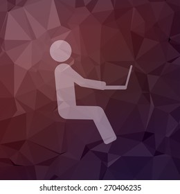 Man sitting with laptop icon in flat style for web and mobile, modern minimalistic flat design. Vector white icon on abstract polygonal background