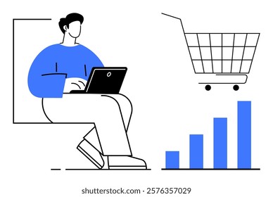 Man sitting with laptop, large shopping cart icon, and growth chart. Ideal for online shopping, e-commerce, market analysis, digital marketing, consumer trends. Minimalist flat design