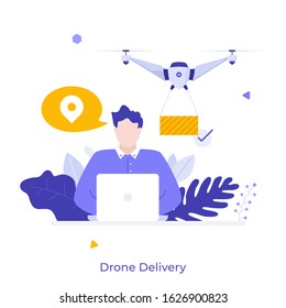 Man sitting at laptop, making online order and flying quadcopter delivering package. Concept of drone delivery service, innovative technology in parcel shipment. Modern flat vector illustration.