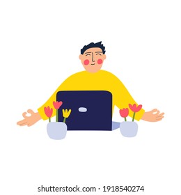 Man sitting with laptop and meditates at work. Hand drawn illustration on white background.