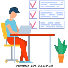 Man sitting with laptop near big paper clipboard with check marks, to do list. Successful time management, schedule planning. Male character with checklist, task planner program on computer