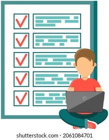 Man sitting with laptop near big paper clipboard with check marks, to do list. Successful time management, schedule planning. Male character with checklist, task planner program on computer