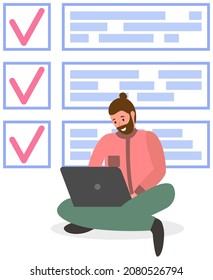 Man sitting with laptop near big paper clipboard with check marks, to do list. Successful time management, schedule planning. Male character with checklist, task planner program on computer