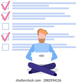 Man sitting with laptop near big paper clipboard with check marks, to do list. Successful time management, schedule planning. Male character with checklist, task planner program on computer
