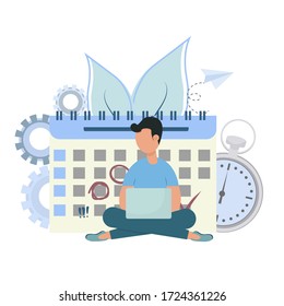 Man sitting with laptop near calendar and stopwatch stock vector illustration. Personal productivity, time management, work concept composition. In flat style