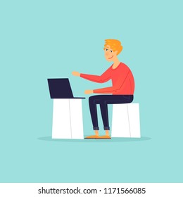 Man is sitting with a laptop, office life, business. Flat design vector illustration.