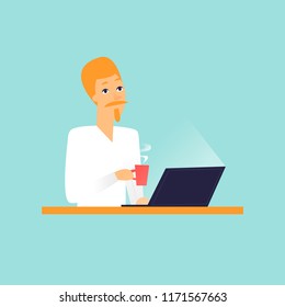 Man is sitting with a laptop, office life, business. Flat design vector illustration.