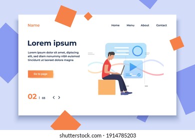 Man sitting with laptop on knees. Screen, player, website. User interface concept. Vector illustration for website, landing page, online store