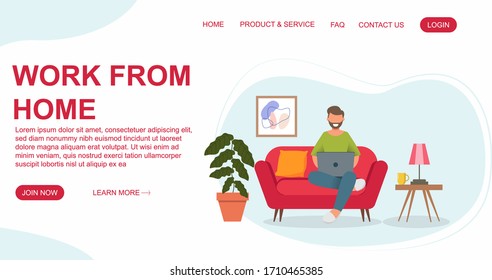 man is sitting with laptop on the sofa at home. Working on a computer. Flat design concept of working from home for website and landing page template