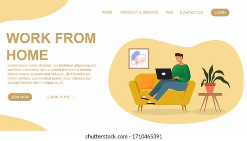 man is sitting with laptop on the sofa at home. Working on a computer. Flat design concept of working from home for website and landing page template