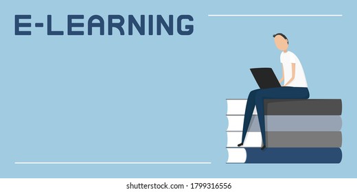 Man sitting with laptop on stack of books. E-learning. Vector illustration. 