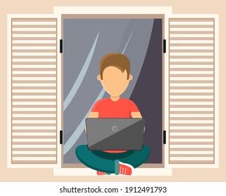 Man sitting with a laptop on the windowsill near an open window and correspondence surfing the Internet. Male character communicating through network. Social media network communication, freelance