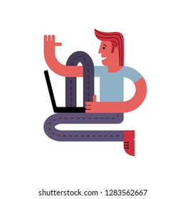 A man is sitting with a laptop. Online training. A man works on a computer. Vector illustration in flat style.